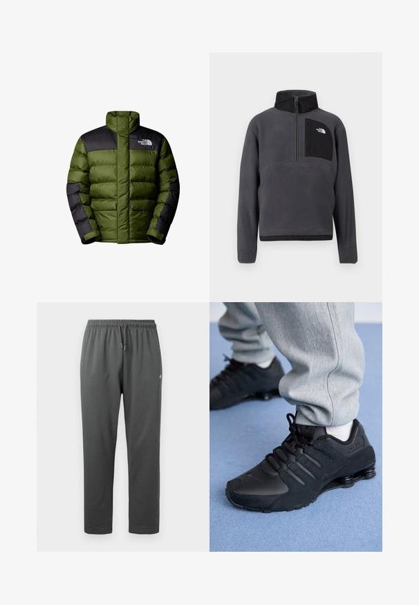 The North Face M LIMBARA INSULATED JACKET - Winterjas - woodland green; Donkergrijze fleece trui met hoge kraag, halve ritssluiting aan de voorkant en een zwart ritssluiting borstzakje met wit logo aan de rechterkant.; Donkergrijze fleece joggingbroek met elastische tailleband en trekkoord, voorzien van een klein logo op de rechterdij.; Persoon in zwarte Nike Shox sneakers en een grijze joggingbroek staand op een lichtblauw tapijt.