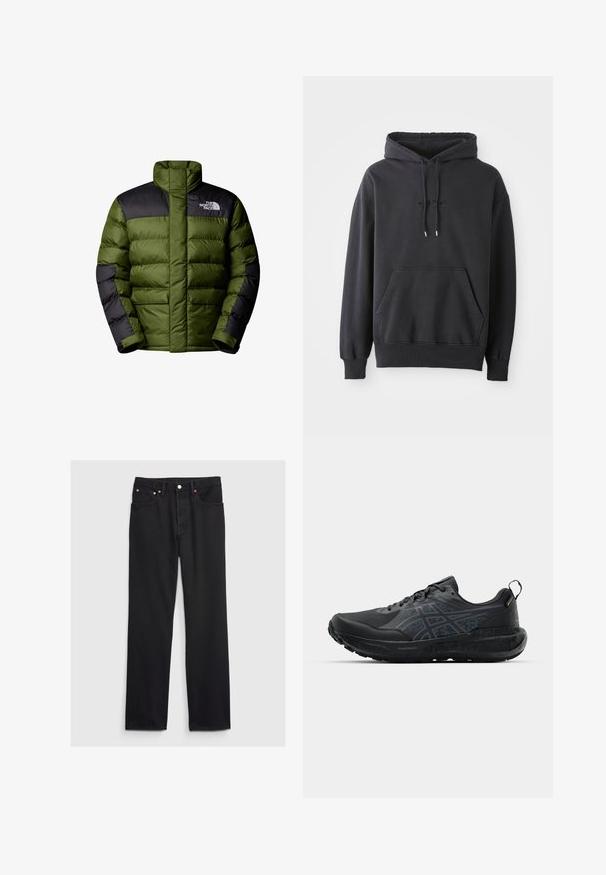 The North Face M LIMBARA INSULATED JACKET - Chaqueta de invierno - woodland green; Sudadera negra de algodón, con un bolsillo tipo canguro, capucha con cordones y puños de canalé. Logo sutil bordado en el frontal.; GAP 90S LOOSE - Vaqueros holgados - black; Zapatilla deportiva negra con un empeine texturizado y acentos reflectantes, que cuenta con una suela acolchada y un dibujo prominente para tracción.