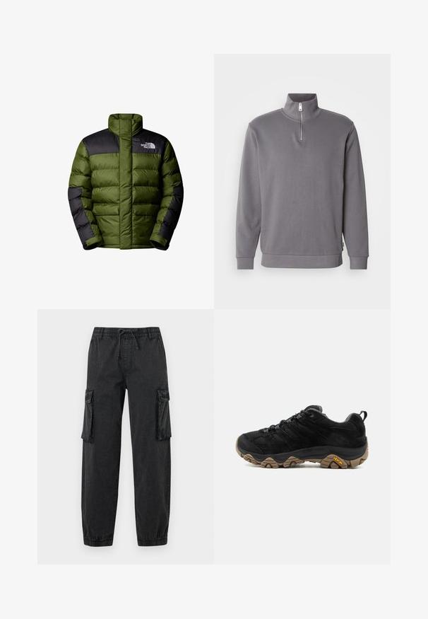 The North Face M LIMBARA INSULATED JACKET - Winterjacke - woodland green; Grauer Sweatshirt mit Reißverschluss am Hals und langen Ärmeln. Hergestellt aus weichem Material, mit einem Reißverschluss in Viertelhöhe und gerippten Ärmelbündchen und Saum.; Schwarze Cargo-Hosen aus strukturiertem Stoff mit einem elastischen Bund und Kordelzug. Mit Seitentaschen und elastischen Bündchen an den Knöcheln.; Schwarzer Wanderschuh mit robuster brauner Vibram-Sohle, Mesh- und Wildleder-Obermaterial, Schnürdesign und hinterer Zuglasche, von der Außenseite gezeigt.
