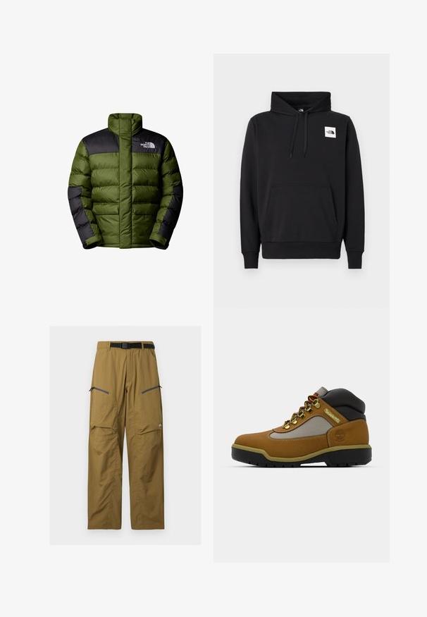 The North Face M LIMBARA INSULATED JACKET - Veste d'hiver - woodland green; Sweat à capuche noir en mélange de coton, avec une poche kangourou à l'avant, une capuche avec cordon de serrage et un petit logo blanc sur la poitrine.; Pantalon de plein air kaki avec ceinture noire réglable, deux poches zippées sur les cuisses et coutures au niveau des genoux, présenté sur un fond uni.; Botte de randonnée marron avec des accents gris et noirs, tige en cuir texturé, œillets en métal et semelle en caoutchouc robuste pour une meilleure traction.