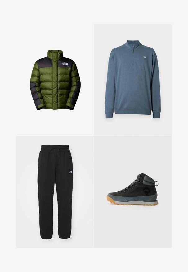 The North Face M LIMBARA INSULATED JACKET - Chaqueta de invierno - woodland green; Jersey azul de manga larga con cremallera hasta el pecho, cuello alto y pequeño logo blanco de The North Face en el pecho izquierdo.; Pantalones de chándal negros de tela suave, con cinturilla elástica y cordón, tobillos ajustados y un pequeño logo en el muslo superior.; Botas de senderismo negras de caña alta, hechas de ante texturizado y materiales sintéticos, con acentos grises, suela de goma robusta y cordones grises.