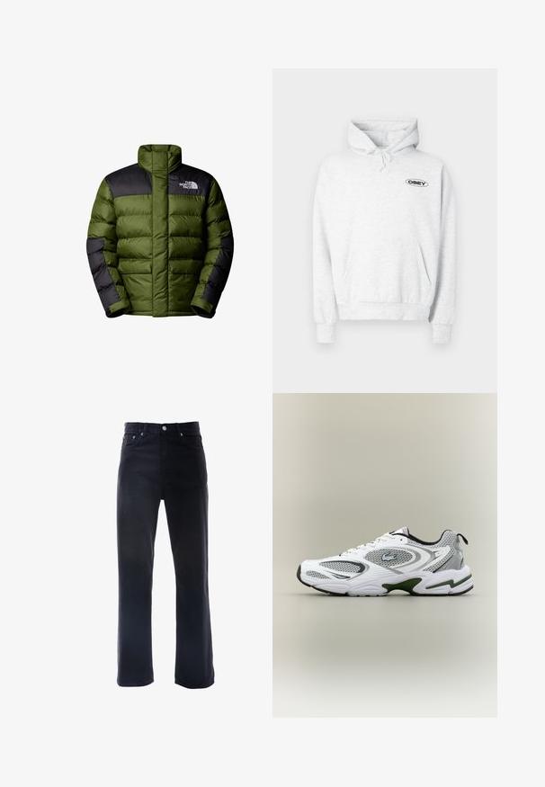 The North Face M LIMBARA INSULATED JACKET - Winterjas - woodland green; Lichtgrijze hoodie van zachte stof, met een kangoeroezak, capuchon met trekkoord en een zwart "OBEY"-logo op de borst.; Zwarte denim jeans met een recht toelopend ontwerp, vijf-pocketstijl en metalen hardwareaccenten. De stof heeft een gladde, matte textuur.; Witte en grijze sportieve hardloopschoen met meshpanelen, groene accenten, zwarte details en een logo aan de zijkant, getoond vanaf de buitenkant.