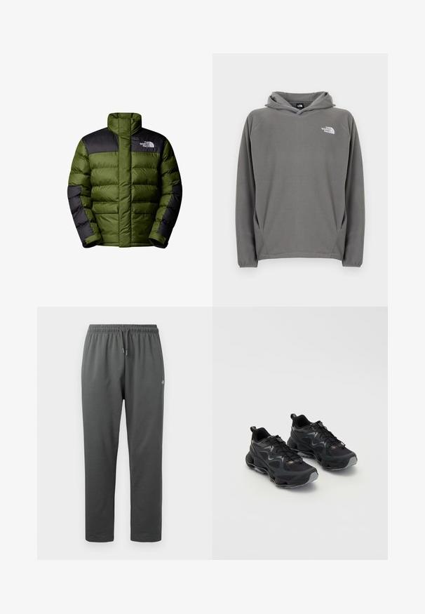 The North Face M LIMBARA INSULATED JACKET - Winterjas - woodland green; Grijze fleece hoodie met een voorzak, verstelbare capuchon met trekkoord en een klein wit logo op de linkerborst.; Donkergrijze fleece joggingbroek met elastische tailleband en trekkoord, voorzien van een klein logo op de rechterdij.; Zwarte sportschoenen met een gestructureerde mesh bovenkant, voorzien van een chunky zool, vetersluiting en subtiele grijze accenten.