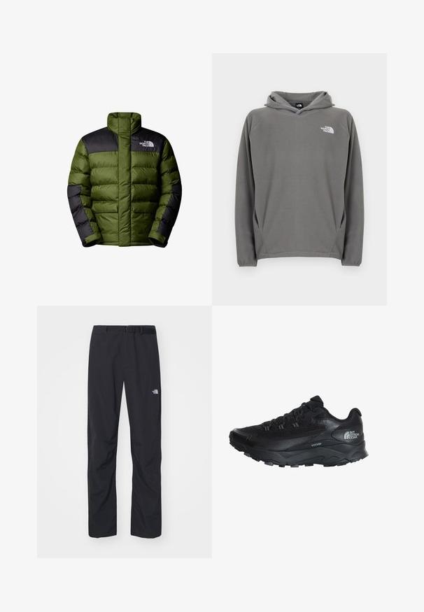 The North Face M LIMBARA INSULATED JACKET - Chaqueta de invierno - woodland green; Sudadera gris de forro polar con bolsillo frontal, capucha con cordón ajustable y un pequeño logo blanco en el área del pecho izquierdo.; The North Face ABUKUMA PANT - Pantalones - black; Zapatilla deportiva negra con parte superior de malla transpirable, suela de goma, acentos texturizados y punta reforzada para mayor durabilidad.