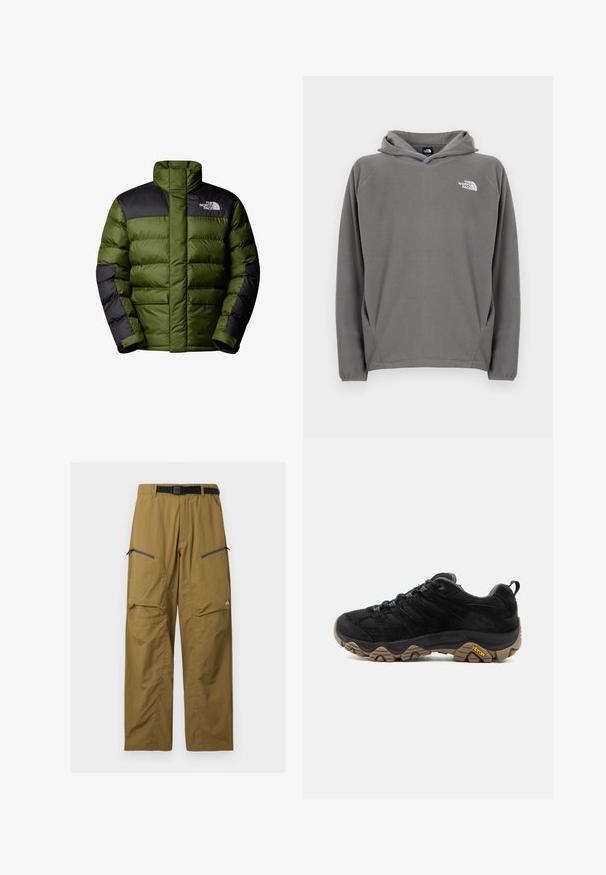 The North Face M LIMBARA INSULATED JACKET - Winterjacke - woodland green; Grauer Fleece-Kapuzenpullover mit Fronttasche, verstellbarem Kordelzug an der Kapuze und kleinem weißem Logo auf der linken Brustseite.; Khakifarbene Outdoor-Hose mit schwarzem verstellbarem Gürtel, zwei Reißverschluss-Oberschenkeltaschen und Knie-Nähten, auf einfachem Hintergrund dargestellt.; Schwarzer Wanderschuh mit robuster brauner Vibram-Sohle, Mesh- und Wildleder-Obermaterial, Schnürdesign und hinterer Zuglasche, von der Außenseite gezeigt.