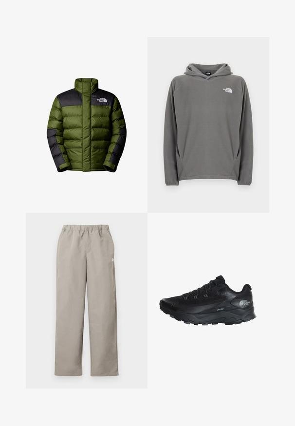 The North Face M LIMBARA INSULATED JACKET - Vinterjakker - woodland green; Grå fleece-hættetrøje med frontlomme, justerbar snøre i hætten og et lille hvidt logo på venstre bryst.; Beige bukser med lige ben, elastisk talje og en lille hvid logo på højre sidesøm.; Sort træningssko med en åndbar mesh-overdel, gummisål, teksturerede detaljer og forstærket tåspids for holdbarhed.