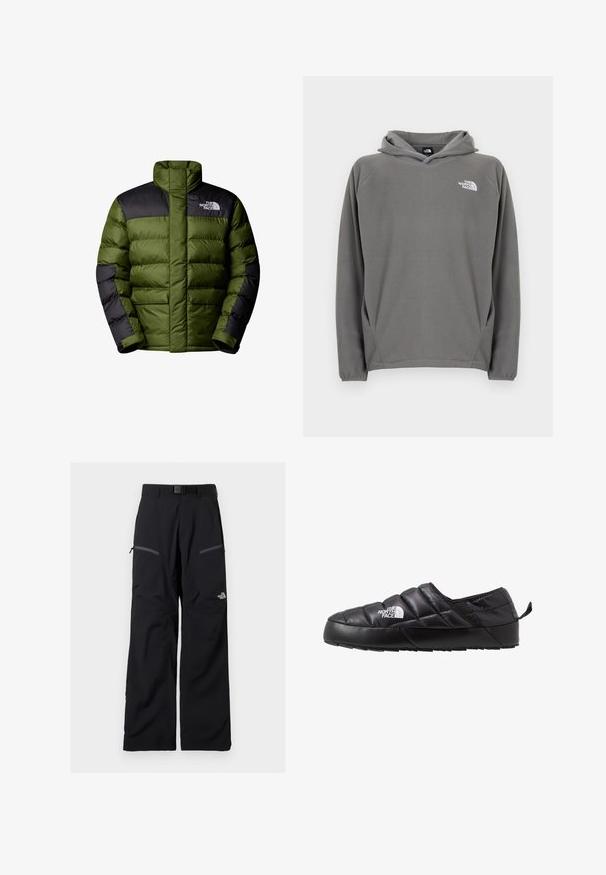 The North Face M LIMBARA INSULATED JACKET - Vinterjakker - woodland green; Grå fleece-hættetrøje med frontlomme, justerbar snøre i hætten og et lille hvidt logo på venstre bryst.; Sorte udendørsbukser med justerbart bælte, to lynlåslommer på lårene og The North Face-logo på højre ben.; Sort slip-on sko med et quiltet design, lavet af polstret materiale. Har en struktureret gummisål og et lille trækstrop bagpå.