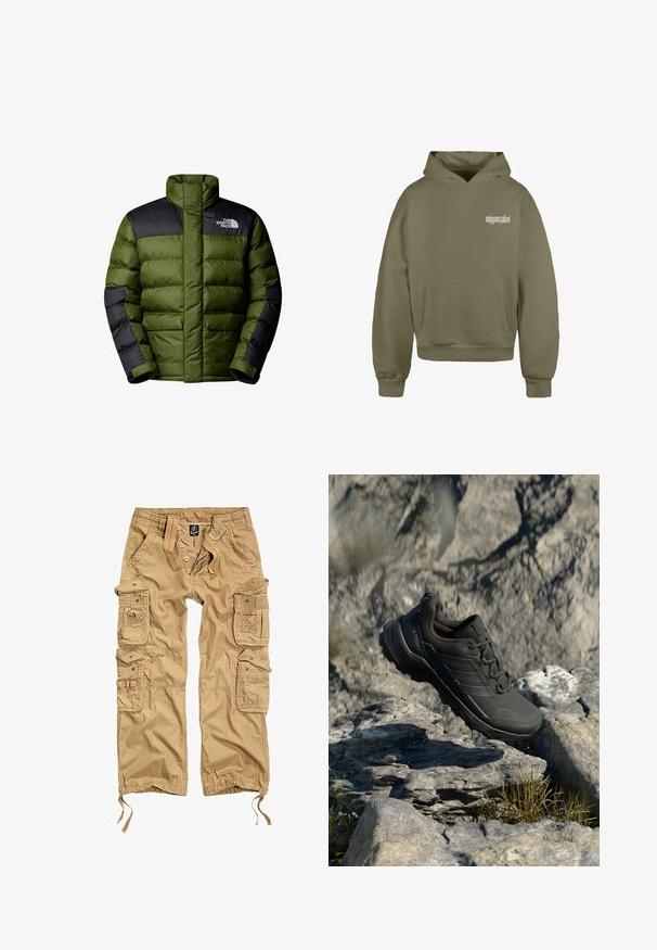 The North Face M LIMBARA INSULATED JACKET - Winterjacke - woodland green; Olivenfarbener Kapuzenpullover aus Baumwollmischung, mit einer Fronttasche, gerippten Bündchen und Saum, und mit "mjgonzales" in Weiß auf der linken Brust bedruckt.; Khaki Cargo-Hosen mit mehreren seitlichen Taschen, Knopfverschluss, elastischem Bund und verstellbaren Bündchen. Hergestellt aus strapazierfähigem Stoff.; Schwarzer Trailrunning-Schuh mit einer strukturierten Oberseite, ausgestattet mit einer gepolsterten Sohle, verstärktem Zehenschutz und dezentem Branding an der Seite.