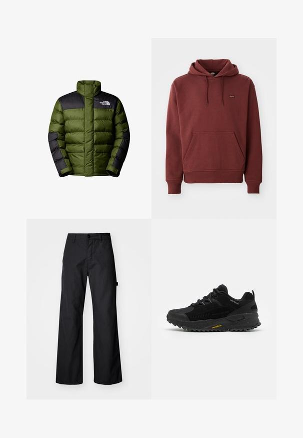 The North Face M LIMBARA INSULATED JACKET - Talvitakki - woodland green; Tummanpunainen huppari, joka on valmistettu pehmeästä kankaasta ja jossa on kengurupocket, ribbaatut hihansuut ja helma sekä pieni logotagi rinnassa.; Mustat, leveälahkeiset housut kestävästä kankaasta. Varustettu nappisulkeumalla ja sivutaskuilla. Sujuva pinta ja siisti muotoilu.; Musta urheilusandaali, jossa on verkko- ja synteettinen yläosa, teksturoidut kumipohjat, vettä hylkiviä yksityiskohtia ja heijastavia elementtejä.