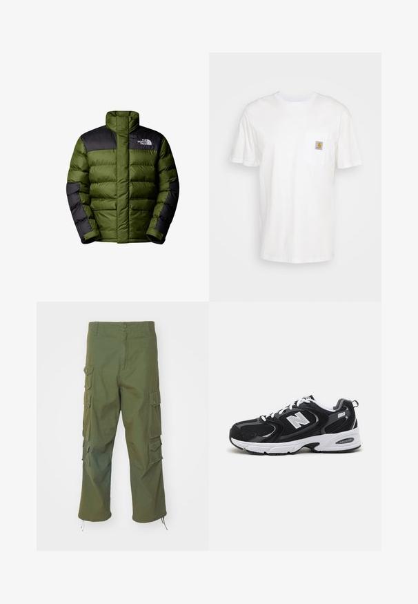 The North Face M LIMBARA INSULATED JACKET - Winterjacke - woodland green; Weißes Baumwoll-T-Shirt mit kurzen Ärmeln, einer Brusttasche und einem kleinen quadratischen Logopatch in Orange und Weiß auf der Tasche.; Olivegrüne Cargo-Hosen aus Baumwolle, mit Seitentaschen, Knopfverschluss, geradem Schnitt und verstellbaren Säumen für eine individuell anpassbare Länge.; Schwarze und graue Sportschuhe mit Obermaterial aus Mesh und Wildleder, ausgestattet mit einer weißen Zwischensohle, Schnürsenkeln und einem markanten "N"-Logo an der Seite.