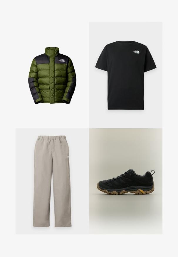 The North Face M LIMBARA INSULATED JACKET - Vinterjakker - woodland green; Sort bomulds-T-shirt med korte ærmer, rund hals og hvidt logo på venstre bryst. Enkel, ubesmykket design.; Beige bukser med lige ben, elastisk talje og en lille hvid logo på højre sidesøm.; Sort vandresko med brun tekstureret Vibram-sål og trækflig på hælen, vist i sideprofil på neutral baggrund.