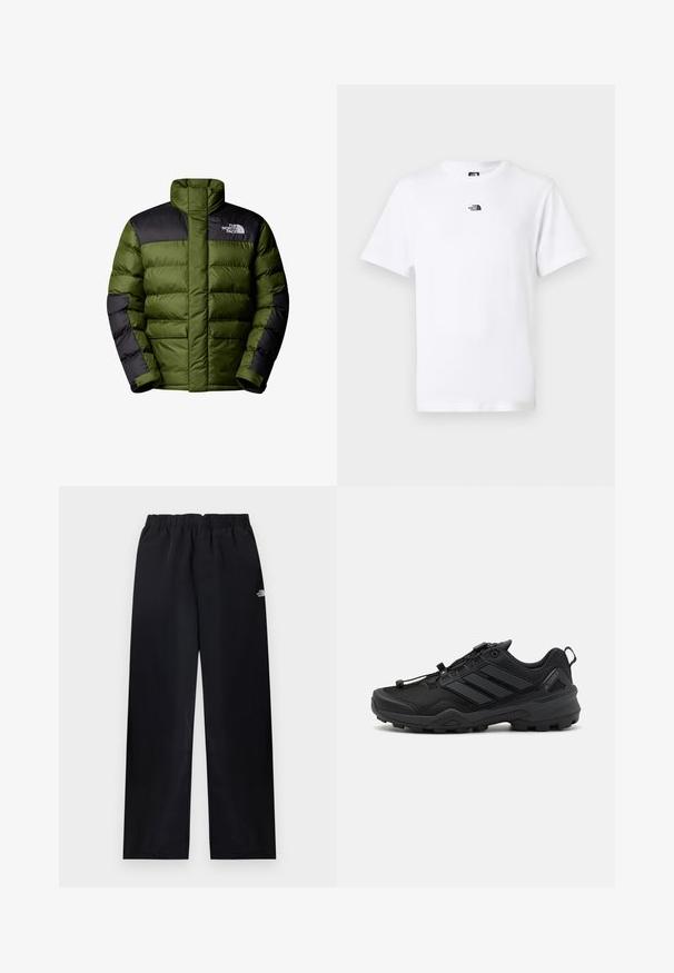 The North Face M LIMBARA INSULATED JACKET - Winterjas - woodland green; Witte T-shirt met korte mouwen en ronde hals, met een klein zwart The North Face-logo in het midden nabij de kraag aan de voorkant.; Zwarte broek met rechte pijpen en elastische taille, met een klein wit logo op de bovenste rechterdij, plat uitgestald op een lichte achtergrond.; Zwarte sportschoen met een gemêleerde mesh bovenkant, contrasterende synthetische accenten en een robuuste rubberen zool. Voorzien van een veilig vetersysteem en een achterste tab.
