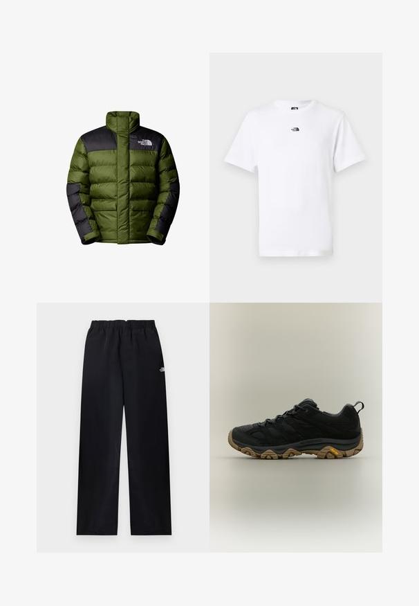 The North Face M LIMBARA INSULATED JACKET - Vinterjakker - woodland green; Hvid t-shirt med korte ærmer og rund halsudskæring, med en lille sort The North Face-logo centreret nær kraven foran.; Sorte bukser med elastik i taljen og lige ben, med lille hvidt logo på øverste højre lår, vist fladt på lys baggrund.; Sort vandresko med brun tekstureret Vibram-sål og trækflig på hælen, vist i sideprofil på neutral baggrund.