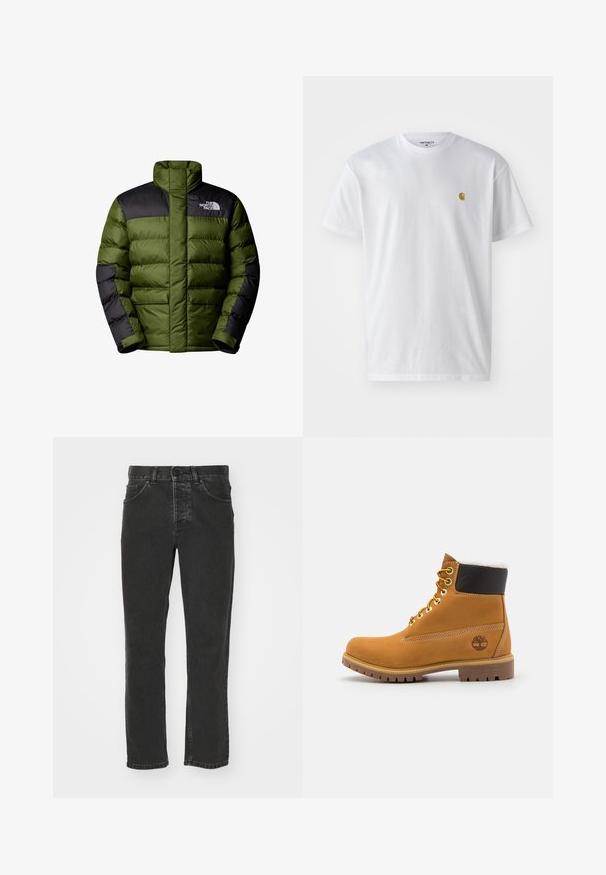 The North Face M LIMBARA INSULATED JACKET - Winterjacke - woodland green; Weißes Baumwoll-T-Shirt mit kurzen Ärmeln, Rundhalsausschnitt, mit einem kleinen goldenen Logo im linken Brustbereich. Weicher Stoff und normale Passform.; Schwarze Jeans aus Denim mit geradem Bein, klassischem Fünf-Taschen-Design, Knopfverschluss und verblasster Optik. Angenehme Textur, keine sichtbaren Muster.; Braune Leder-Ankle-Boots mit Metallösen, weißem Kunstfellfutter, schwarzem gepolstertem Kragen, robustem Sohlenprofil und geprägtem Logo an der Seite.