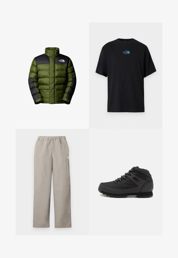 The North Face M LIMBARA INSULATED JACKET - Winterjacke - woodland green; Schwarzes Baumwoll-T-Shirt mit rundem Ausschnitt und kurzen Ärmeln, mit einem türkisfarbenen "The North Face"-Logo auf der Brust.; Beige gerade geschnittene Hose mit elastischem Bund und kleinem weißem Logo an der rechten Seitennaht.; Schwarze Mid-Top-Wanderschuhe mit einem strukturierten Mesh-Obermaterial, verstärktem Fersenbereich und einer Gummisohle mit einem Profilmuster für Grip.