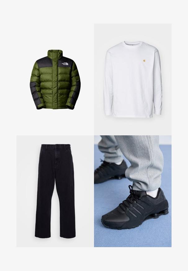 The North Face M LIMBARA INSULATED JACKET - Vinterjakker - woodland green; Hvid langærmet t-shirt lavet af bomuld. Har et lille gyldent logo på brystet og en rund halsudskæring. Enkel design og standard pasform.; Sorte denimbukser med lige ben, der har en knap- og lynlåslukning, bæltestropper og minimale syninger.; Person iført sorte Nike Shox sneakers og grå joggingbukser, der står på lyseblåt tæppe.