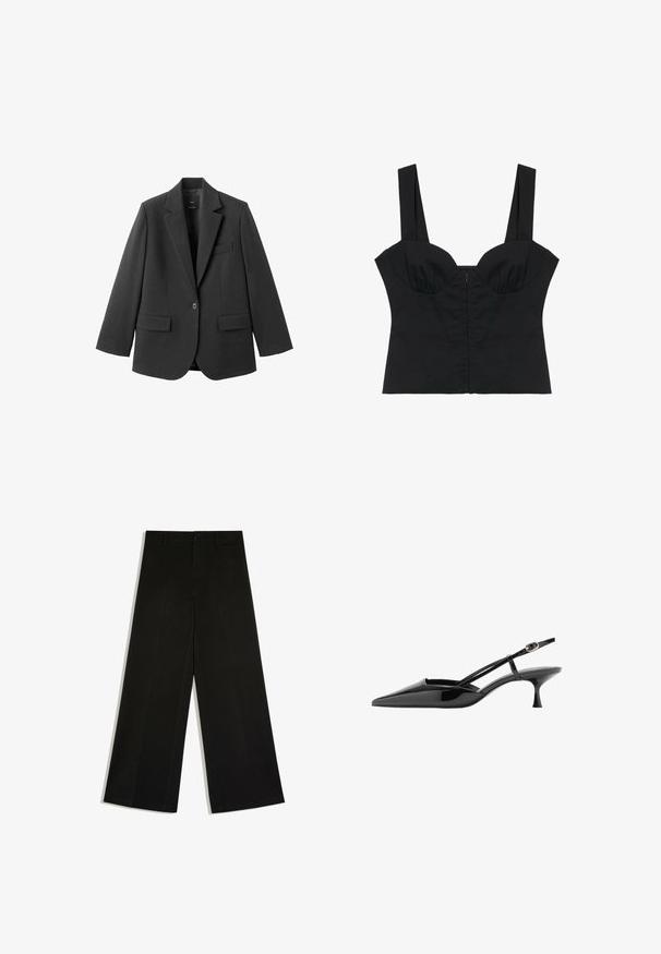 Blazer noir en tissu lisse, doté d'un revers cranté, d'une fermeture à un bouton et de deux poches avant. Design simple et ajusté.; Haut bustier court noir avec larges bretelles et bonnets structurés, conçu pour une silhouette ajustée.; Pantalon noir à jambes larges avec passants de ceinture, fermeture devant par bouton et zip, posé à plat sur fond blanc.; Chaussure noire en cuir verni à bout pointu, talon kitten, fine bride à la cheville avec boucle dorée.