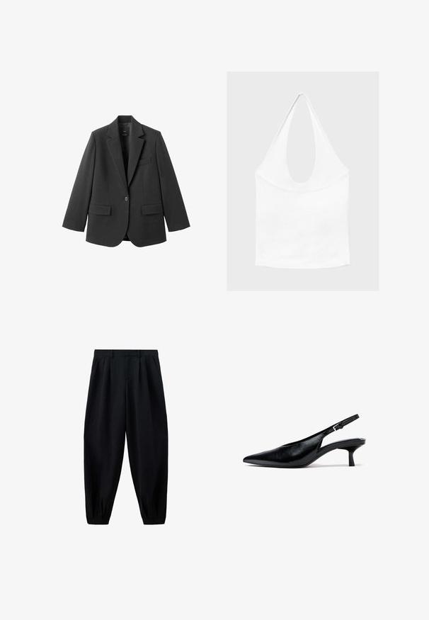Blazer noir en tissu lisse, doté d'un revers cranté, d'une fermeture à un bouton et de deux poches avant. Design simple et ajusté.; Haut blanc sans manches à encolure américaine, avec un profond col rond et une taille cintrée, présenté sur un fond clair et uni.; Pantalon noir taille haute effilé avec des plis à la taille et aux poignets, et des poches latérales, présenté sur fond blanc.; Escarpin slingback en cuir noir à talon kitten, avec bout pointu et bride réglable avec boucle, sur fond blanc.