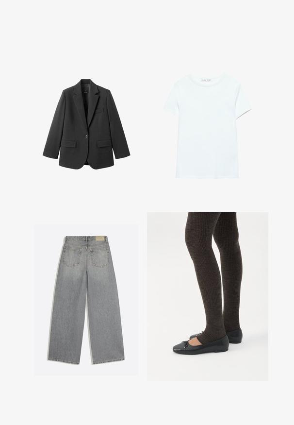 Blazer noir en tissu lisse, doté d'un revers cranté, d'une fermeture à un bouton et de deux poches avant. Design simple et ajusté.; T-shirt blanc uni en coton à manches courtes, col rond, présenté à plat sur un fond blanc, sans motifs ni logos visibles.; Jean en denim gris à jambes larges montrant l'arrière avec deux poches et des passants de ceinture, posé à plat sur fond blanc.; Jambes portant des leggings côtelés foncés associés à des ballerines noires avec de petits détails en nœud sur fond blanc.