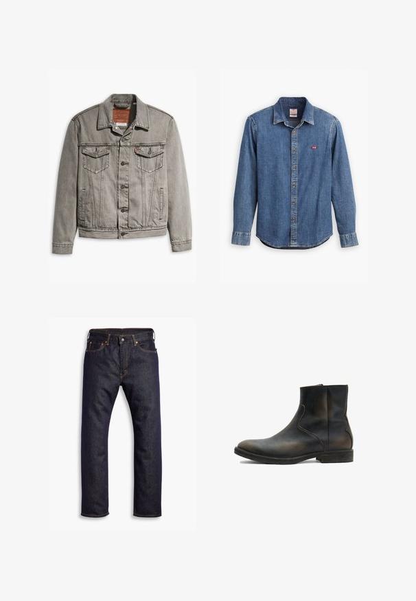 Grå denimjakke med spids krave, tre forlommer, knaplukning og kontraststing på ærmerne og kroppen.; Denimskjorte i mørkeblå med skjortekrave, lange ærmer, stikninger og et lille rødt logo på brystlommen.; Mørkeblå lige ben denim jeans med fem lommer og orange kontrastsyning, lagt fladt ud mod hvid baggrund.; AllSaints LANG - Støvletter - brown