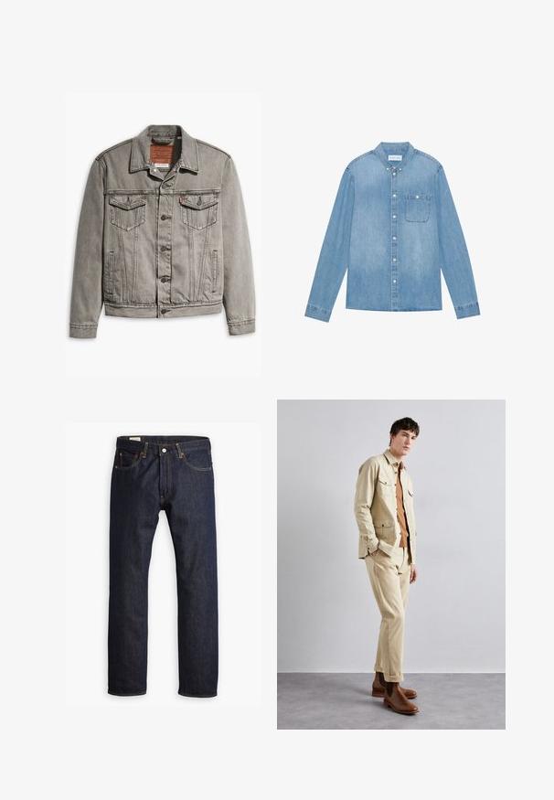 Grå denimjakke med spids krave, tre forlommer, knaplukning og kontraststing på ærmerne og kroppen.; Lys blå denim skjorte med knapper, lange ærmer, spids krave, en enkelt brystlomme og subtil falmning på stoffet.; Mørkeblå denimjeans med lige ben, orange syninger og fem lomme-design med metalspænde.; Beige bomuldsjakke med to brystlommer over en brun skjorte og matchende beige bukser. Brune læder ankelstøvler fuldender outfittet.