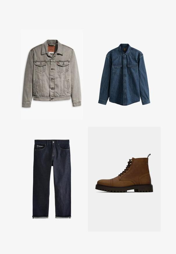Grijze denimjack met een puntige kraag, drie voorkruisen, knoopsluiting en contrasterend stiksel op de mouwen en het lichaam.; Donkerblauw denim overhemd met lange mouwen, knopen aan de voorkant, puntige kraag en twee borstzakken met kleppen en knopen.; Donkerblauwe spijkerbroek met opgerolde pijpen, knoop- en ritssluiting, voor- en muntzakken en contrasterende stiksels op een witte achtergrond.; Bruine leren veterschoenen tot de enkel met dikke zwarte profielzool en een trekband op een witte achtergrond.