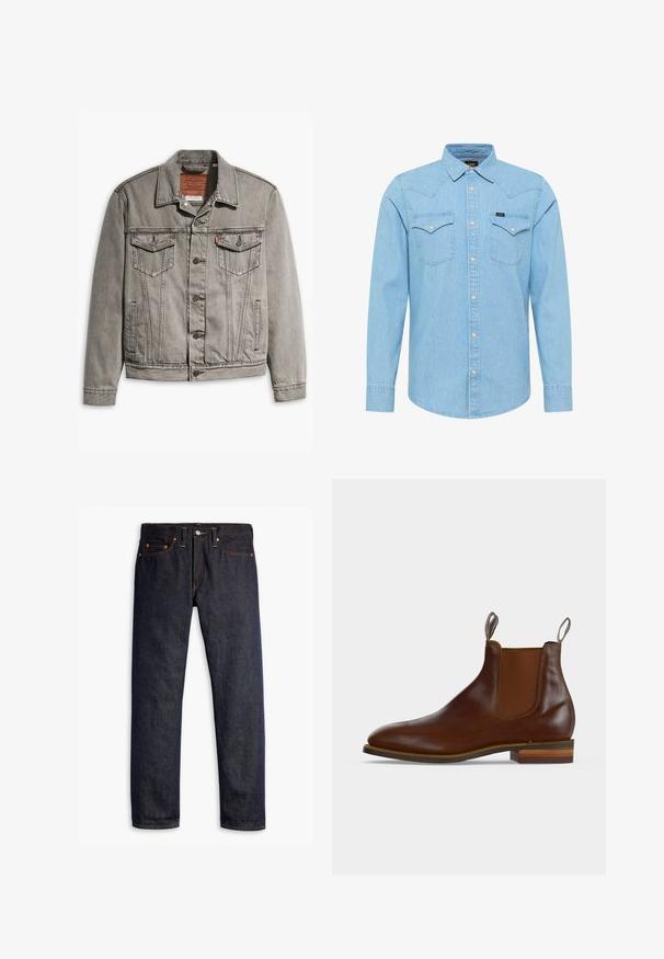 Grijze denimjack met een puntige kraag, drie voorkruisen, knoopsluiting en contrasterend stiksel op de mouwen en het lichaam.; Lichtblauw denim overhemd met lange mouwen, knoopsluiting, twee achterzakken met knoop, puntige kraag en klein Lee-logo op de linkerzak.; Donkerblauwe spijkerbroek met een rechte pasvorm, vijf zakken, koperen klinknagels, gele stiksels en een duidelijke textuur in de stof.; Bruine leren Chelsea-boot met elastische zijpanelen, treklipjes aan voor- en achterkant en gestapelde houten hak.