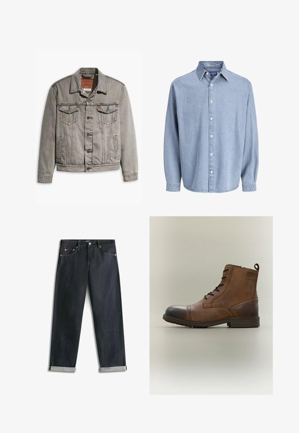Chaqueta de mezclilla gris con cuello puntiagudo, tres bolsillos frontales, cierre de botones y costuras contrastantes en las mangas y el cuerpo.; Camisa de mezclilla de manga larga color azul claro con cuello y botones blancos, presentada sobre un fondo blanco liso.; Vaqueros de mezclilla azul oscuro con puños enrollados, cinco bolsillos y costuras de contraste, extendidos planos sobre un fondo blanco.; Bota de cuero marrón con cordones hasta el tobillo, puntera negra, suela redonda y detalle de marca en el lateral sobre un fondo liso.