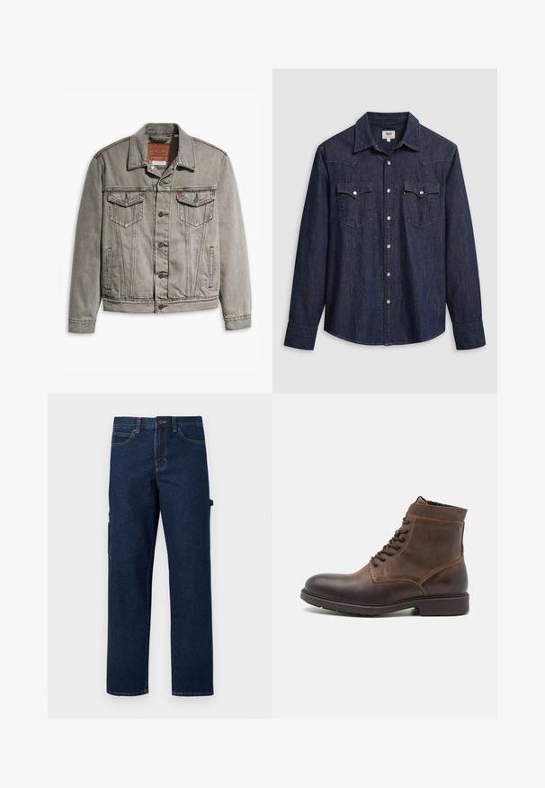 Chaqueta de mezclilla gris con cuello puntiagudo, tres bolsillos frontales, cierre de botones y costuras contrastantes en las mangas y el cuerpo.; Camisa de mezclilla azul oscuro con cuello puntiagudo, botones a presión y bolsillos en el pecho. Cuenta con detalles de costura y mangas largas.; Pantalones cargo de mezclilla azul oscuro con piernas rectas, bolsillos laterales y costuras contrastantes. Cuenta con cierre de botón y trabillas para cinturón.; Jack & Jones JFWDELANEY BOOT - Botines con cordones - cognac