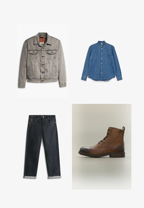 Grå denimjakke med spids krave, tre forlommer, knaplukning og kontraststing på ærmerne og kroppen.; Blå denim langærmet skjorte med spids krave, hvide knapper, én brystlomme og lige kant. Jævn tekstur og medium vægt.; Mørkeblå denimjeans med opsmøgede bukseben, fem lommer og kontrastsyning, lagt fladt på en hvid baggrund.; Brun læderstøvle med snørebånd, sort tåhætte, rund sål og mærket detalje på siden mod ensfarvet baggrund.