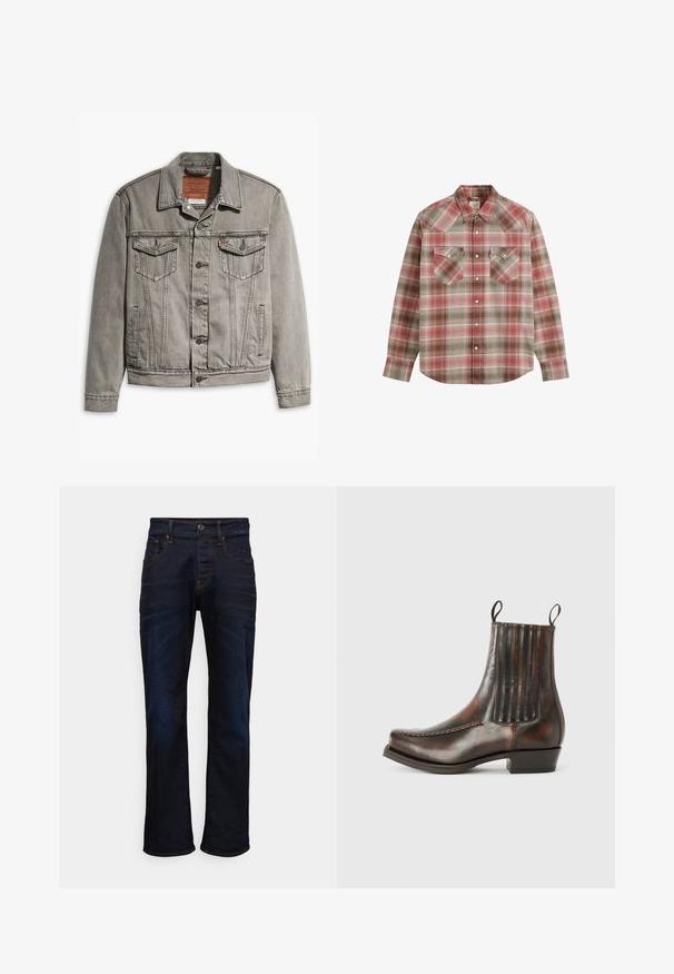 Grijze denimjack met een puntige kraag, drie voorkruisen, knoopsluiting en contrasterend stiksel op de mouwen en het lichaam.; Overhemd met lange mouwen en knopen, met een ruitpatroon in rood, bruin en beige en twee borstzakken met knoopflappen.; Donkerblauwe spijkerbroek met een recht model, vijf zakken en contrasterende stikseldetails. Het materiaal heeft een zachte, geweven structuur.; Bordeaux lederen enkelboot met een gladde afwerking, elastische zijpanelen, een ronde neus, decoratieve stiksels en een lage blokhak.