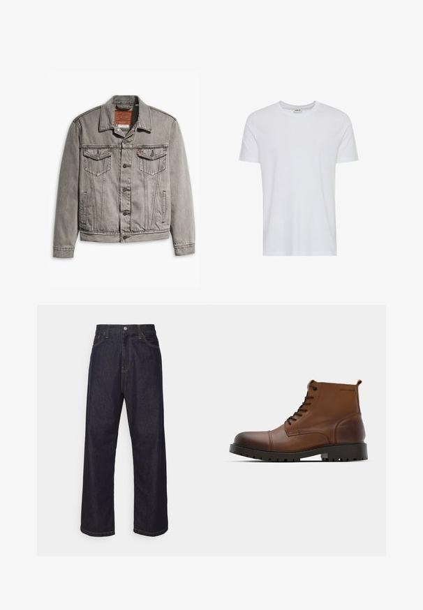 Grijze denimjack met een puntige kraag, drie voorkruisen, knoopsluiting en contrasterend stiksel op de mouwen en het lichaam.; Effen wit T-shirt met korte mouwen en een ronde hals, getoond op een witte achtergrond, met een klein neklabel waarop het merk “Solid” staat.; Donkerblauwe rechte spijkerbroek met gele stiksels, voorknop, ritssluiting en vijf pocket ontwerp.; Bruine leren enkellaarzen met ronde neus, zwarte veters en gestructureerde rubberen zool. Kenmerken logo-detail aan de zijkant en een gladde afwerking.
