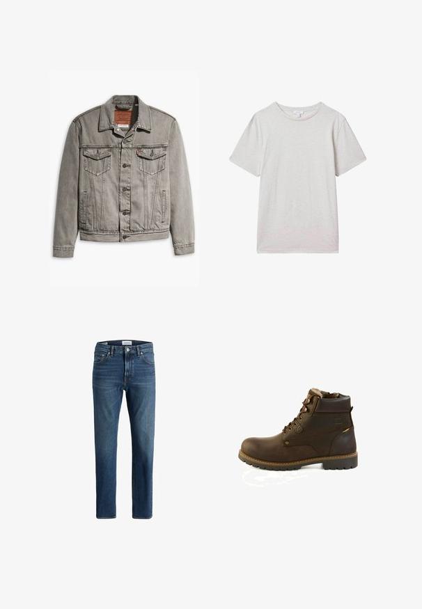 Grå denimjakke med spids krave, tre forlommer, knaplukning og kontraststing på ærmerne og kroppen.; Lysegrå t-shirt med korte ærmer lavet af et blødt stof. Den har en rund halsudskæring og en afslappet pasform uden synlige mønstre eller accenter.; Mørkeblå denim jeans med lige ben design, har fem lommer, kontrasterende syninger og en mærket talje.; Brun læder ankelstøvle med snørelukning, polstret krave, fleecefor og robust sål med mønster, designet til udendørs brug eller vintervejr.