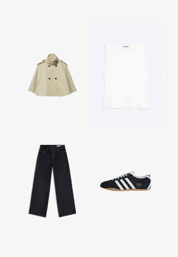 Trench-coat beige court avec boutons noirs double boutonnage, col montant avec boucle, épaulettes et deux poches latérales.; Débardeur blanc ajusté sans manches avec un col rond et un design minimaliste, étiqueté "WEEKDAY" à l'intérieur du col.; Jean bleu foncé à jambes larges avec poches avant, passants de ceinture et surpiqûres contrastantes, posé à plat sur un fond blanc.; Sneakers en suede noir avec trois bandes blanches, logo doré et semelle en caoutchouc marron. Présente un design à lacets à profil bas.