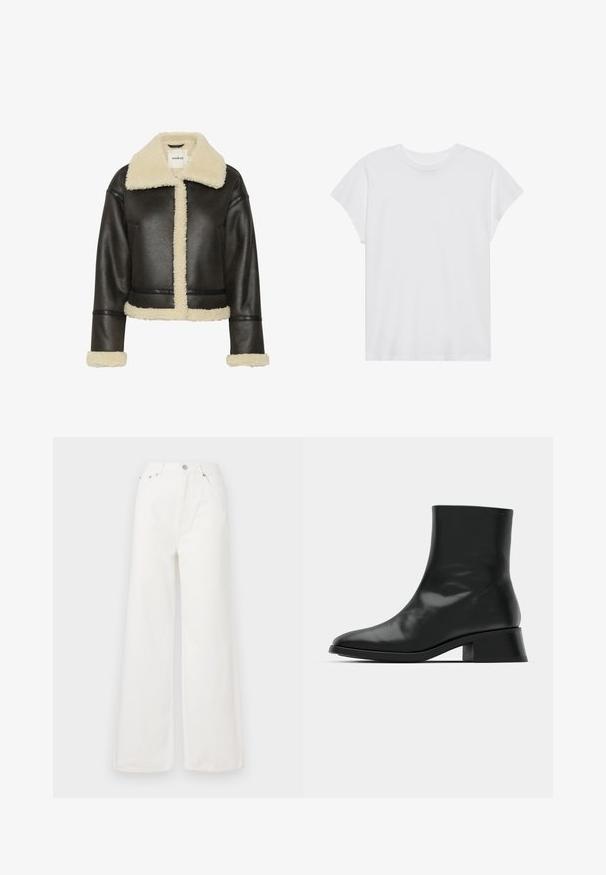 Sort faux læderjakke med en crèmefarvet lammeskindsfarvet krave og manchetter. Har et cropped design med en frontlukning og synlige sømme.; Hvid kortærmet t-shirt med rund hals, afslappet pasform, lavet af blødt bomuldsstof. Glat tekstur, ingen mønstre eller logoer.; Hvide højtaljede brede jeans lavet af denim. Har frontlommer, knaplukning og afrivede kantdetaljer.; Sort ankelstøvle lavet af blank læder, med et strømlinet design, spids tå og en moderat blokhælhøjde for stabilitet.