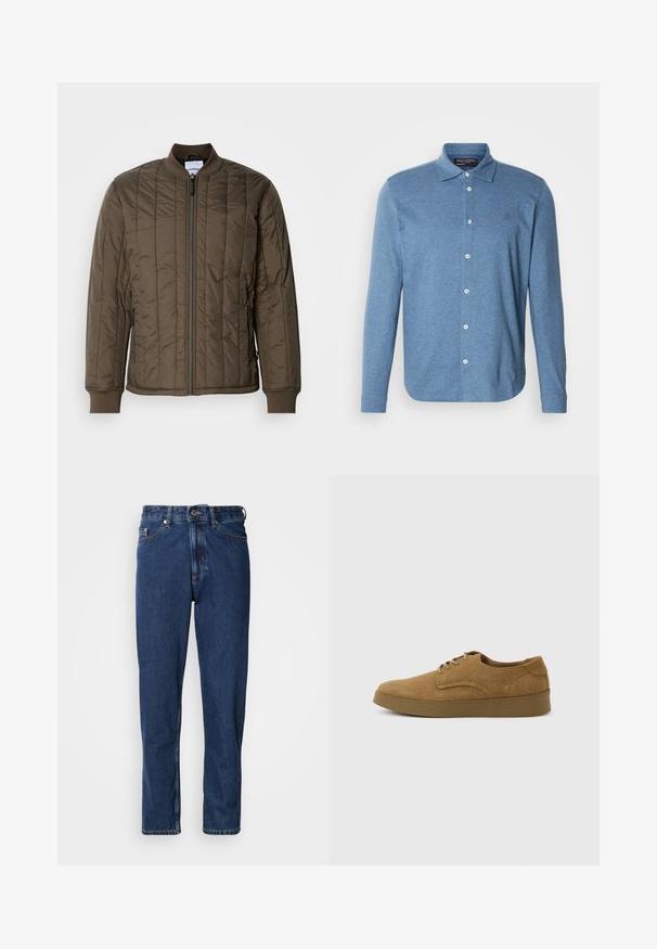 Cazadora bomber acolchada en un verde oliva oscuro, con cierre de cremallera en la parte frontal, puños acanalados y dos bolsillos laterales. Material suave y ligero.; Camisa polo azul de manga larga hecha de tela texturizada, con cierre de botones en la parte delantera y un pequeño logo en el pecho.; Jeans de mezclilla de color azul oscuro, con diseño de pierna recta, estilo de cinco bolsillos y costuras visibles a lo largo de las costuras.; Zapato casual marrón de ante con cordones y suela de goma plana, visto de lado sobre un fondo claro y liso.