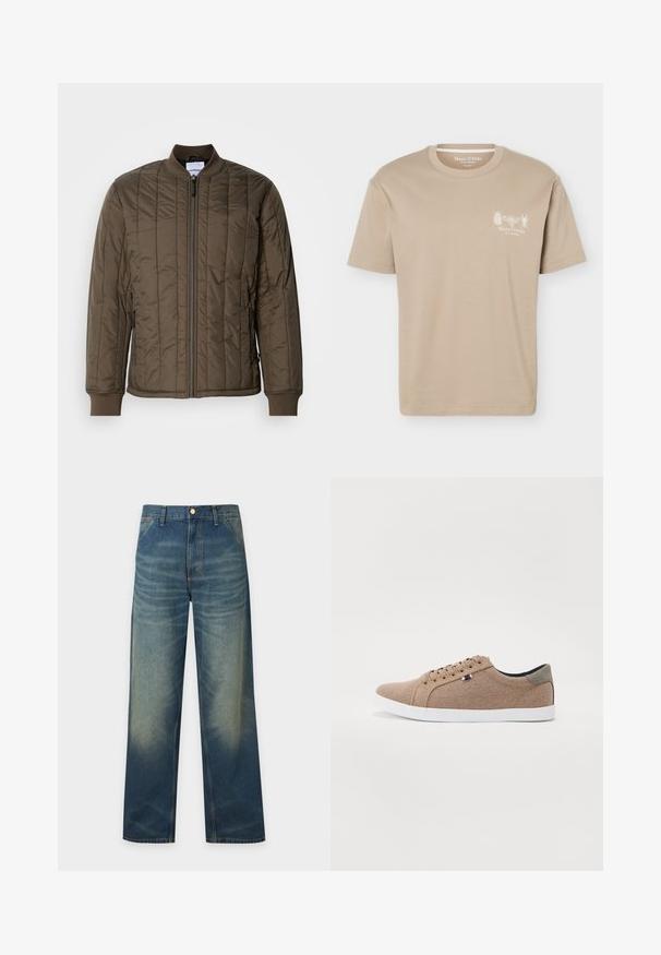 Cazadora bomber acolchada en un verde oliva oscuro, con cierre de cremallera en la parte frontal, puños acanalados y dos bolsillos laterales. Material suave y ligero.; Camiseta beige de manga corta con cuello redondo, con pequeños gráficos de insectos y el logo "Marc O'Polo" en el pecho izquierdo.; Vaqueros de denim azul con cintura alta, piernas anchas, bolsillos delanteros y sutiles detalles desgastados en muslos y rodillas.; Zapatillas de lona beige con un diseño de caña baja, suela de goma blanca y cordones redondos. Presenta un acento en el talón gris contrastante y un detalle del logo.
