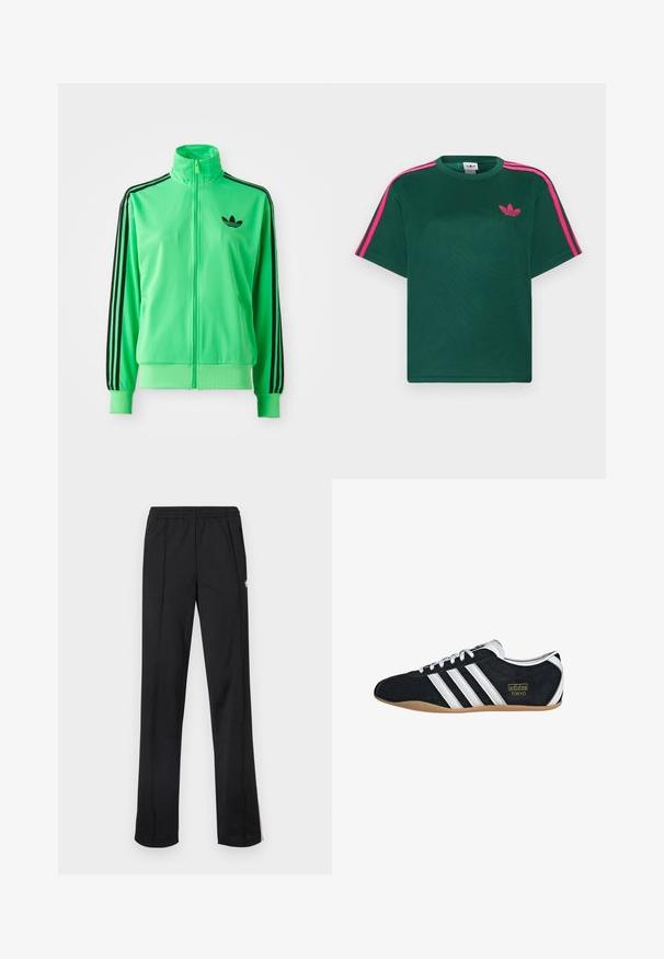 Grøn polyester træningsjakke med høj krave, sorte tre-striber langs ærmerne og et lille sort logo på brystet.; Grøn kortærmet t-shirt med lyserøde striber på skuldrene og Adidas trefoil-logo på brystet.; Sorte atletikbukser med elastisk talje, lige ben og hvid logo-detalje på siden. Fremstillet af let, blødt stof.; Sort ruskinds sneaker med hvide tre striber, guldlogo og en brun gummisål. Har et lavprofil snørebåndsdesign.