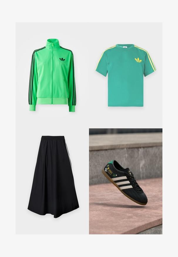 Groene polyester trainingsjack met opstaande kraag, zwarte drie-streepaccents langs de mouwen en een klein zwart logo op de borst.; Groen katoenen T-shirt met korte mouwen, met gele strepen langs de schouders en een geborduurd logo van drie bladeren op de borst.; Zwarte wijde broekspijpen met elastische tailleband en witte strepen aan de zijkant, weergegeven tegen een effen witte achtergrond.; Zwarte sportschoen met witte strepen, een bovenwerk met patroon en bloemenaccenten, en een groene hiel. Rubberen zool zorgt voor grip.