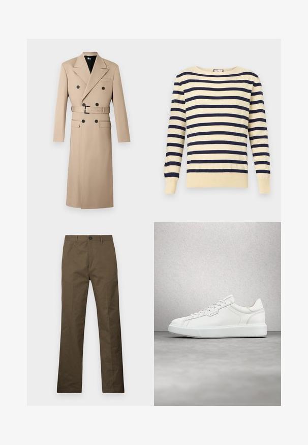 Trench-coat beige croisé avec de gros boutons noirs, une ceinture à la taille et un col cranté, présenté sur un fond uni.; Pull à manches longues couleur crème avec des rayures horizontales bleu marine et un col arrondi, présenté sur un fond clair uni.; Pantalon en coton brun à coupe droite, avec une fermeture à bouton et des poches latérales, exposé sur un fond blanc.; Baskets en cuir blanc avec un bout arrondi, un laçage plat et une semelle en caoutchouc grise. Caractérisées par des coutures discrètes et un accent de logo.