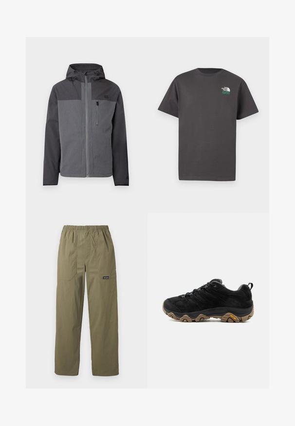 Chaqueta con capucha en tono gris bicolor, con cremallera frontal completa y bolsillo con cremallera en el pecho, presentada sobre un fondo blanco liso.; Camiseta de manga corta de color gris oscuro con cuello redondo y pequeño logo blanco y verde "The North Face 1966" en la parte superior izquierda del pecho.; Pantalones rectos de color verde oliva con cintura elástica, bolsillos frontales parche, cierre con botón y logo de Columbia en el bolsillo derecho.; Zapato de senderismo negro con suela Vibram marrón rugosa, parte superior de malla y ante, diseño con cordones y lengüeta trasera, mostrado desde el lado exterior.