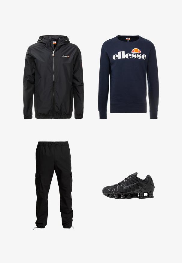 Čierna ľahká bunda s kapucňou, predným zipsom, elastickými manžetami a diskrétnym logom na hrudi. Hladká textúra a minimalistický dizajn.; Námornícky modrý sveter vyrobený z bavlnenej zmesi, s bielym logom "ellesse" a polkruhovou grafikou v oranžovej farbe nad logom. Okrúhly výstrih a pružné manžety.; Čierne cargo nohavice z odolného materiálu s elastickým pásom, nastavitelnými šnúrkami a bočnými vreckami s klopami.; Čierne športové topánky vyrobené zo sieťoviny a syntetických materiálov, s výrazným vlnitým dizajnom, čiernou gumovou podrážkou a reflexnými prvkami.
