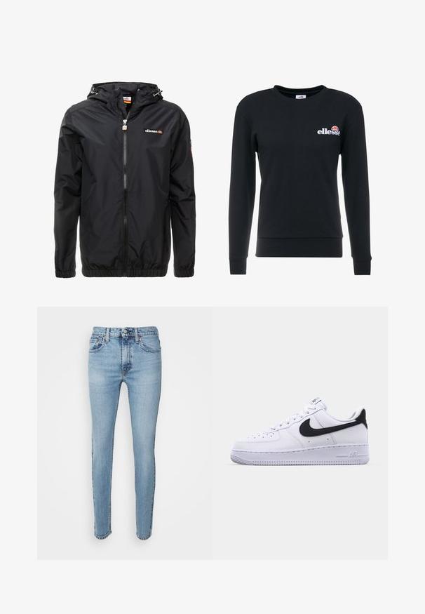 Veste légère noire avec capuche, fermeture éclair sur le devant, poignets élastiques et un logo discret sur la poitrine. Texture lisse et design minimal.; Sweatshirt noir en coton avec des manches longues, col rond, poignets et ourlet côtelés, arborant un logo brodé blanc à l'avant.; Levi's® 519™ EXTREME SKINNY HI-BALL - Jeans Skinny - z2204 light indigo worn in; Sneaker en cuir blanc avec un Swoosh noir texturé, des lacets plats et une semelle en caoutchouc avec un motif strié. "AIR" est embossé sur le talon.