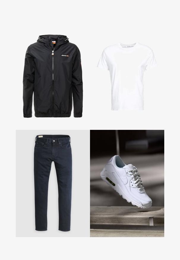 Veste légère noire avec capuche, fermeture éclair sur le devant, poignets élastiques et un logo discret sur la poitrine. Texture lisse et design minimal.; T-shirt en coton blanc avec un col rond et des manches courtes, au fit classique et à la texture lisse. Aucun motif ni accessoire visible.; Jean en denim bleu foncé avec une coupe droite, design à cinq poches, fermeture à boutons à l'avant et détails de couture minimaux.; Baskets blanches en cuir avec des surfaces texturées, un col rembourré et un amorti d'air visible dans la semelle. Elles possèdent des lacets et un design minimaliste.