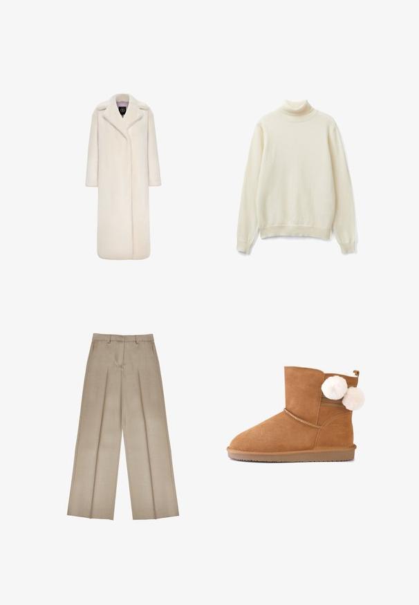 Lange, ivoren faux fur jas met een geknipte kraag, lange mouwen en een open voorkant. Zachte textuur en een silhouet van volle lengte.; Crème-kleurige coltrui van zachte gebreide stof. Voorzien van lange mouwen en geribbelde boorden enzoom. Eenvoudig, naadloos ontwerp.; Beige wijde pijpen broek van een gladde stof, met een geplooide voorkant, riemlussen en een op maat gemaakte ontwer.; Tan suède enkellaarsjes met een ronde neus, een zachte binnenvoering en twee witte pom-poms aan de zijkant. Gestructureerde rubberen zool.