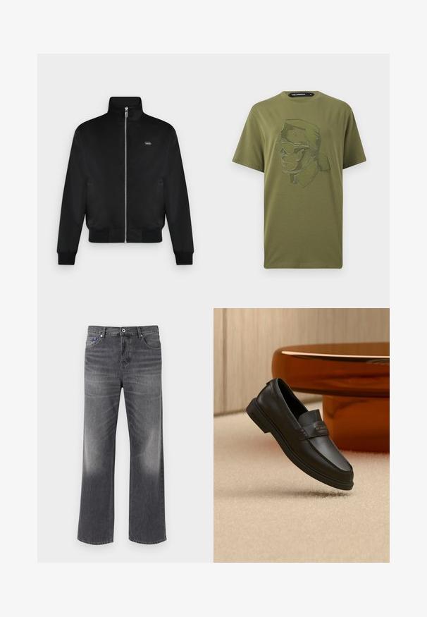 Veste noire zippée avec col montant, manches longues, poignets et ourlet côtelés, et petit logo sur la poitrine gauche.; T-shirt vert olive à manches courtes avec un portrait en art linéaire géométrique d'une personne portant des lunettes de soleil et un col haut.; Jean noir délavé à jambes droites avec bouton à l'avant, fermeture éclair et design à cinq poches, présenté sur un fond uni.; Chaussure noire en cuir à enfiler avec des accents cousus, un col relevé et une semelle en caoutchouc plate, positionnée au-dessus d'une surface beige douce.