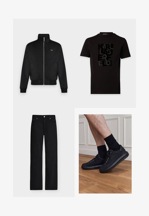 Veste noire zippée avec col montant, manches longues, poignets et ourlet côtelés, et petit logo sur la poitrine gauche.; T-shirt noir à manches courtes avec col rond et texte vertical noir brillant indiquant ""KARL LAGERFELD"" à l'avant.; Jean noir à jambes droites avec fermeture à boutons, passants de ceinture, poches avant et arrière, présenté sur un fond clair.; Personne portant des baskets noires à lacets et des chaussettes noires debout sur un sol en bois contre un lambris blanc.