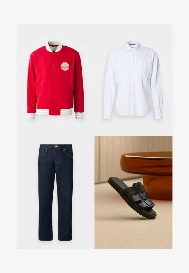 Veste bomber rouge en tissu lisse avec un patch logo blanc, un col côtelé blanc et des poignets rayés. Présente une fermeture à boutons-pression.; Une chemise blanche à manches longues avec des rayures verticales bleu clair. Design à boutons avec une seule poche poitrine et une petite étiquette de marque sur la poche.; Jean droit bleu foncé avec surpiqûres orange, bouton frontal et design à cinq poches sur un fond clair uni.; Sandale slide en cuir noir avec larges brides et semelle rainurée sur tapis beige près d'une table basse ronde marron.