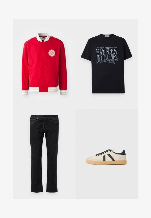 Veste bomber rouge en tissu lisse avec un patch logo blanc, un col côtelé blanc et des poignets rayés. Présente une fermeture à boutons-pression.; T-shirt en coton noir à manches courtes et col rond, ornée d'un design graphique en texte blanc et bleu clair de style vintage sur le devant.; Jean en denim noir avec une coupe droite, comportant cinq poches, des délavages subtils et des coutures orange.; Baskets décontractées en crème avec des rayures noires, présentant un dessus texturé et une semelle en caoutchouc. Les lacets sont noirs. Logo discret sur le côté.