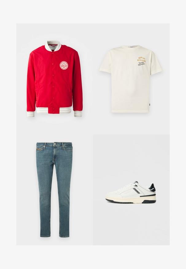 Veste bomber rouge en tissu lisse avec un patch logo blanc, un col côtelé blanc et des poignets rayés. Présente une fermeture à boutons-pression.; T-shirt blanc à manches courtes avec un petit texte jaune et noir sur la poitrine gauche indiquant "REPLAY OFFICINA Servizio Riparazioni."; Jean slim bleu avec cinq poches, fermeture à boutons et légère décoloration sur les cuisses et les genoux sur un fond clair uni.; Baskets basses blanches avec accents noirs, semelle crème, lacets et texte "Jeans Pepe" sur le panneau latéral.